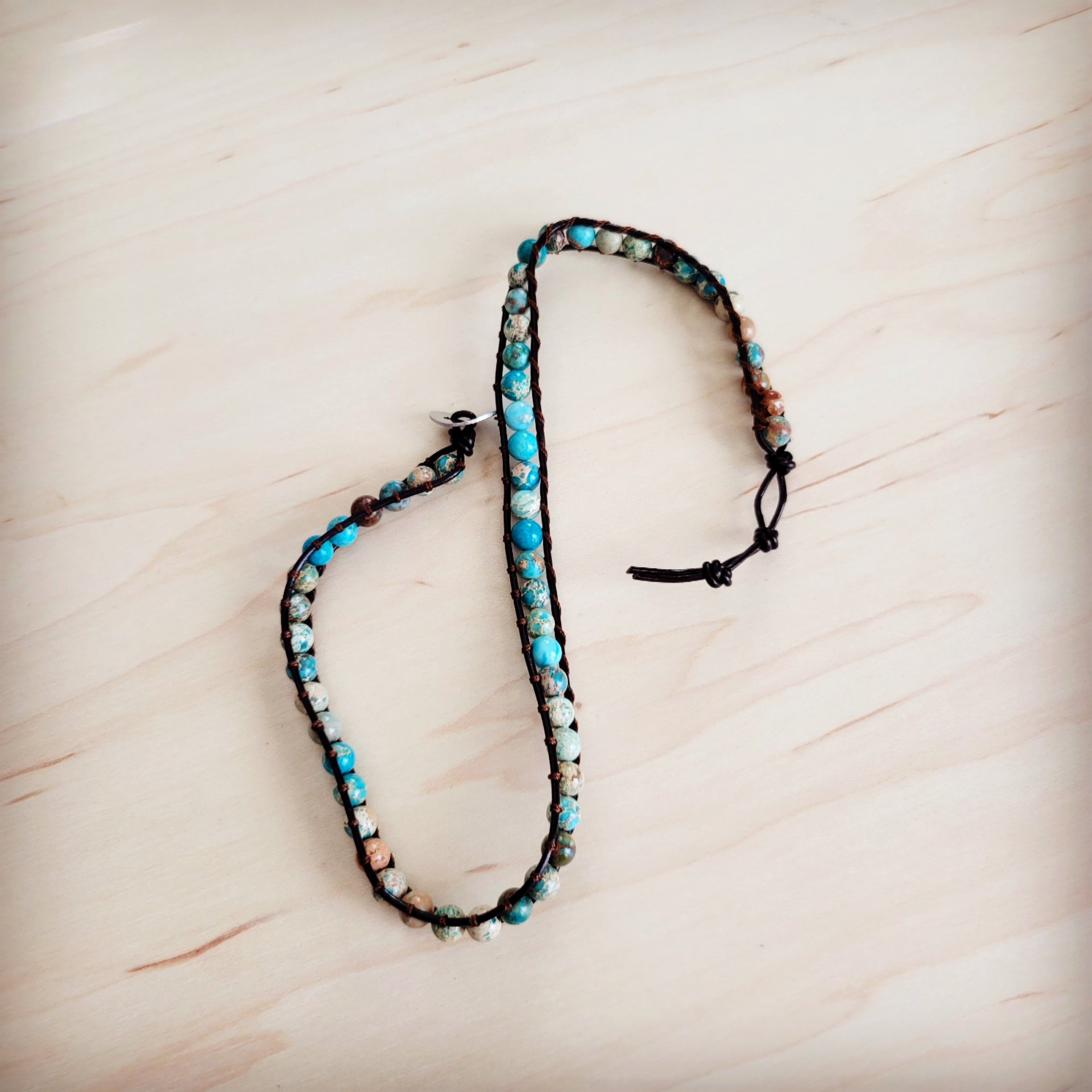 Genuine Imperial Jasper Beaded Leather Double Wrap Bracelet - Image 4