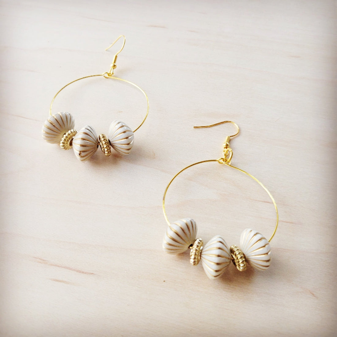 Gold Shell Beaded Hoop Earrings with White Accents - Image 2