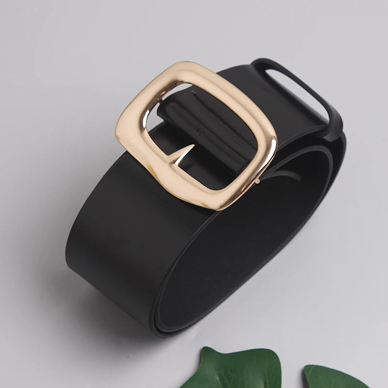 Wide Black Cowhide Waist Belt with Gold Buckle for Women - Image 2