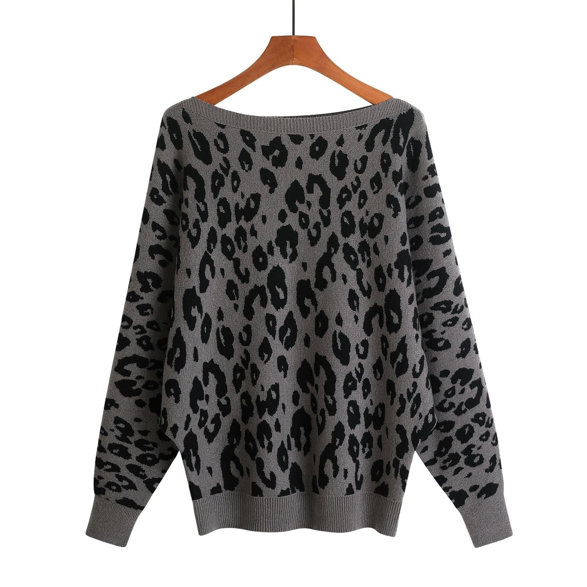 Women's Leopard Print Slash-Neck Bat Sleeve Knit Sweater - Image 8