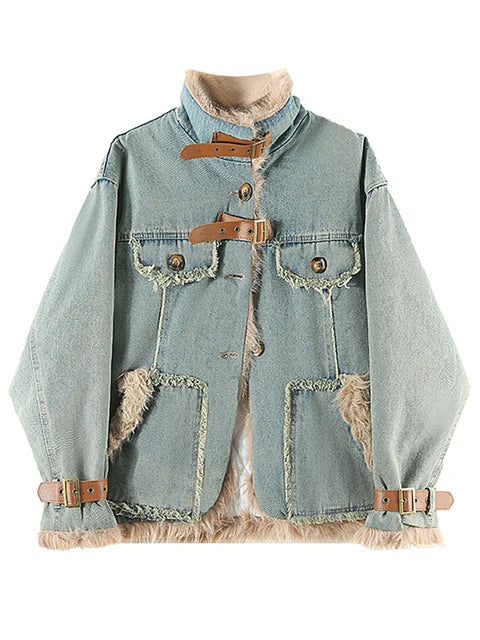 Women's Harajuku style light blue denim coat with plush lining and brown buckle accents, front view