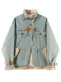 Women's Harajuku style light blue denim coat with plush lining and brown buckle accents, front view