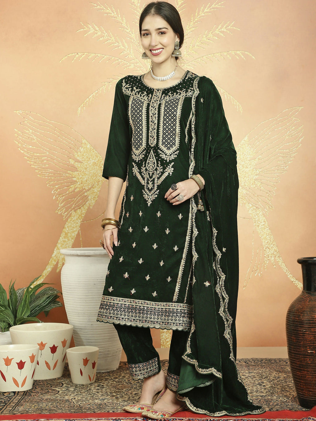 Green Velvet Straight Kurta Set with Cording & Sequin Detail