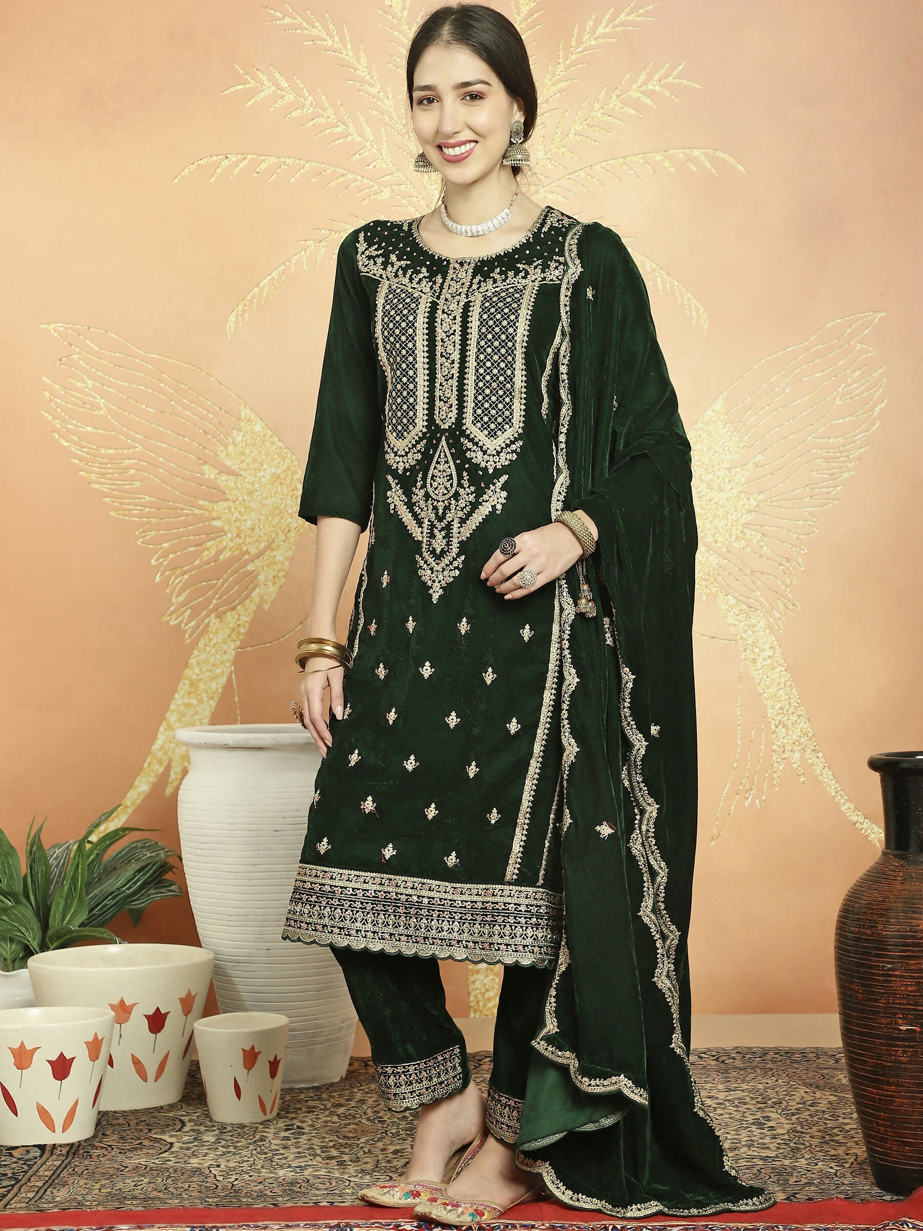 Green Velvet Straight Kurta Set with Cording & Sequin Detail