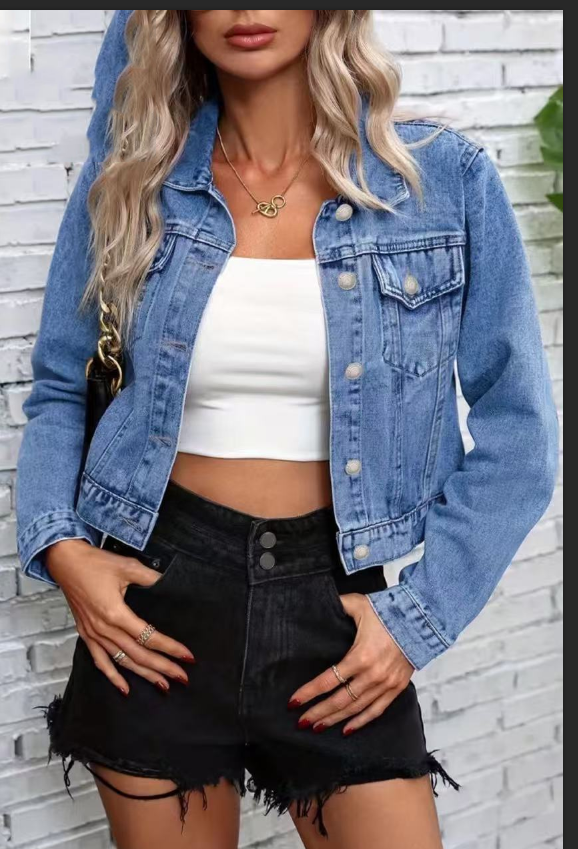 Women's Cropped Denim Jacket – Relaxed Streetwear Flip Collar