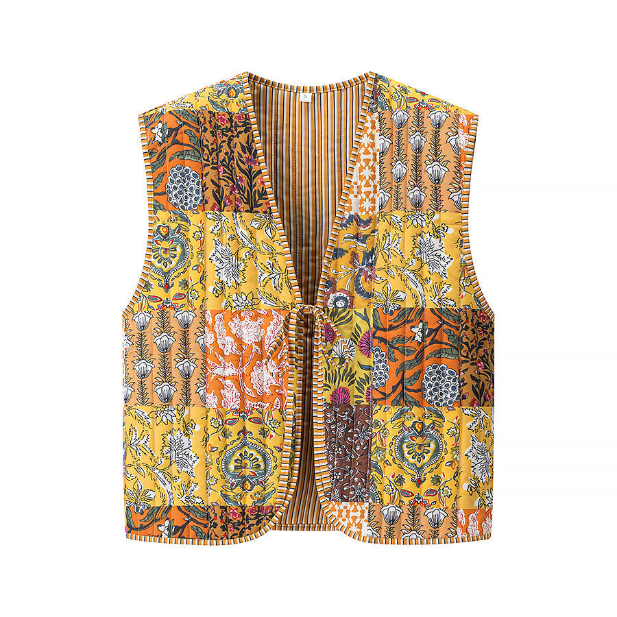 Women's Pink & Blue Striped Quilted V-Neck Loose Fit Vest - Image 4