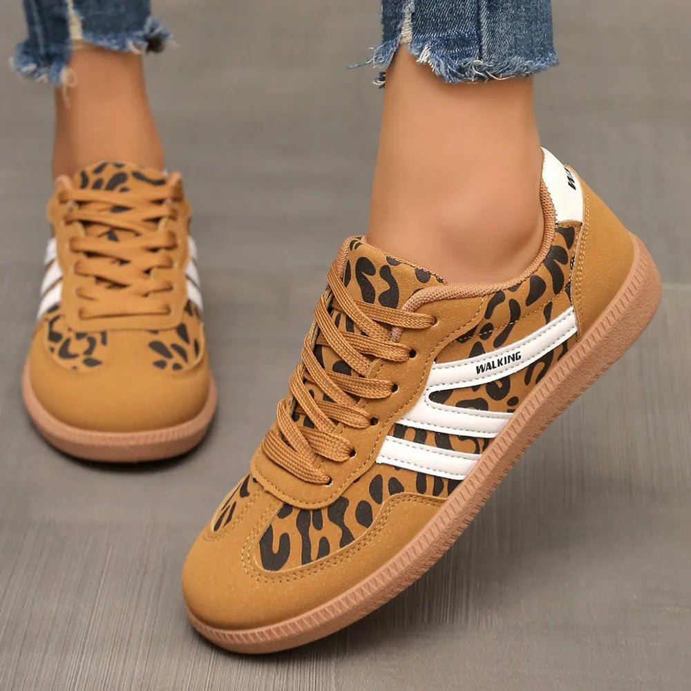 Leopard Print Round Toe Lace-Up Sneakers - Casual PU Flats