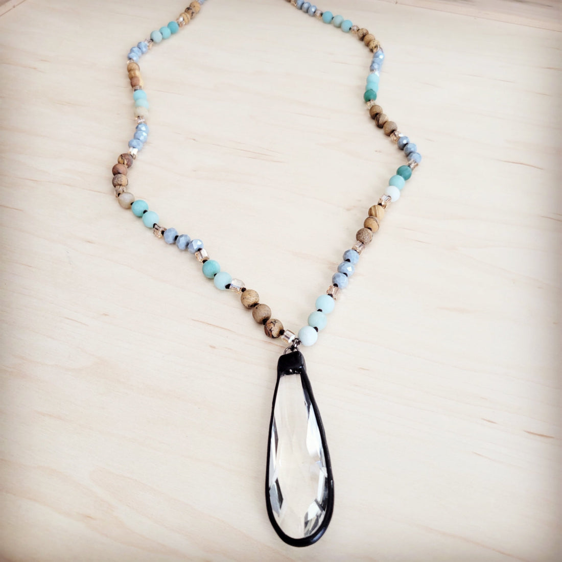 Picture Jasper and Amazonite Beaded Necklace with Crystal Pendant - Image 2