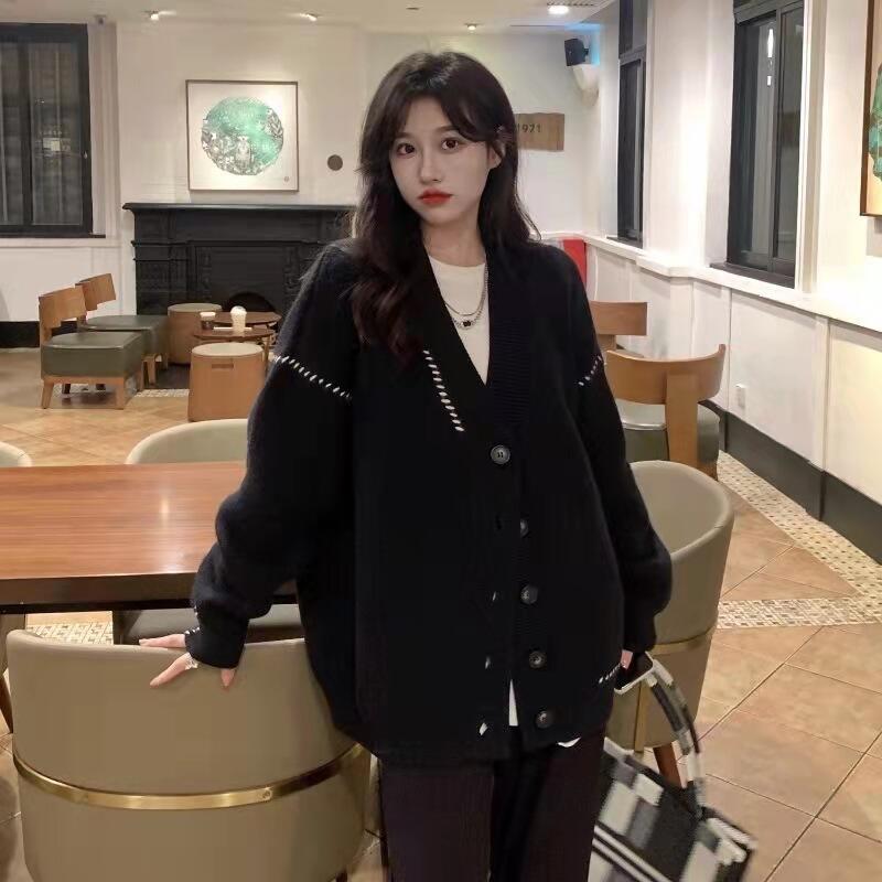 Women's V-Neck Loose Knit Cardigan with Contrast Stitching - Image 2