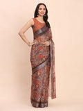 Shree Shyam Fashion brown linen cotton saree with an orange blouse
