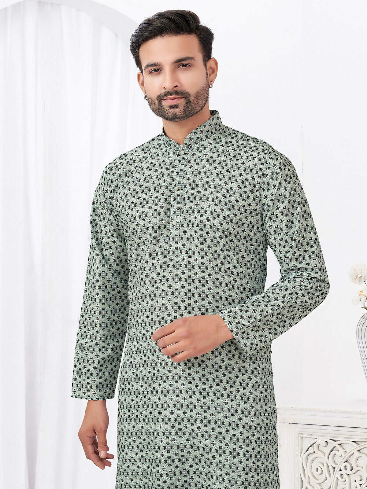 Boys Grey Rayon Cotton Printed Kurta Pyjama Ethnic Set