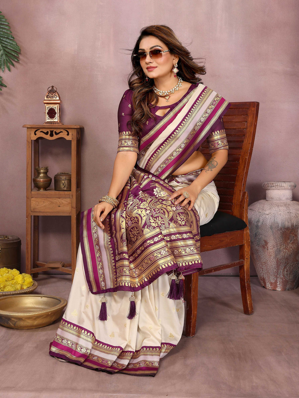 Cream Kalamkari Silk Weaving Saree