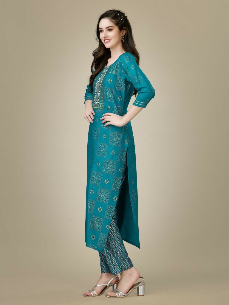 Women's Rama Rayon Embroidered Straight Kurta and Pant Set