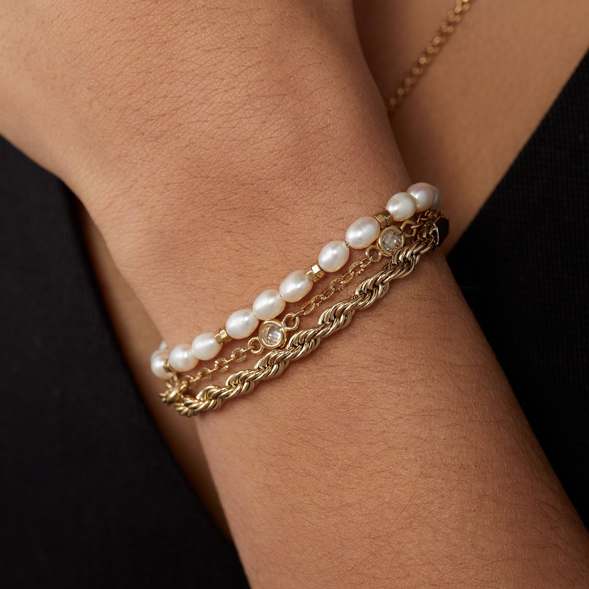 Stranded Crystal and Freshwater Pearl Three-Piece Bracelet Set