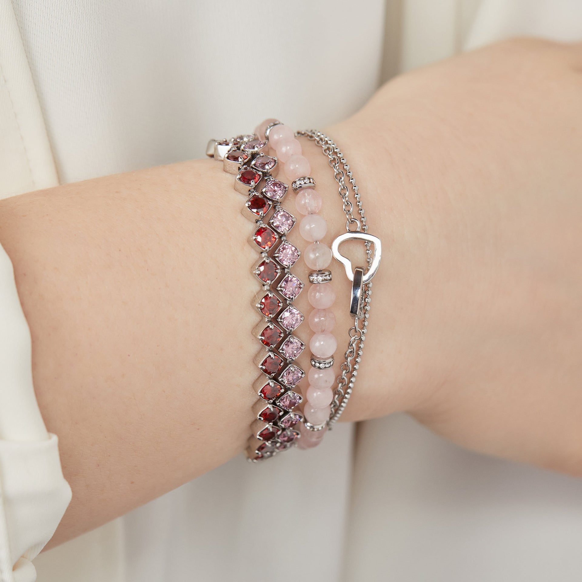 Ruby Luster Stranded Gemstone Bracelet Set in Garnet & Rhodolite