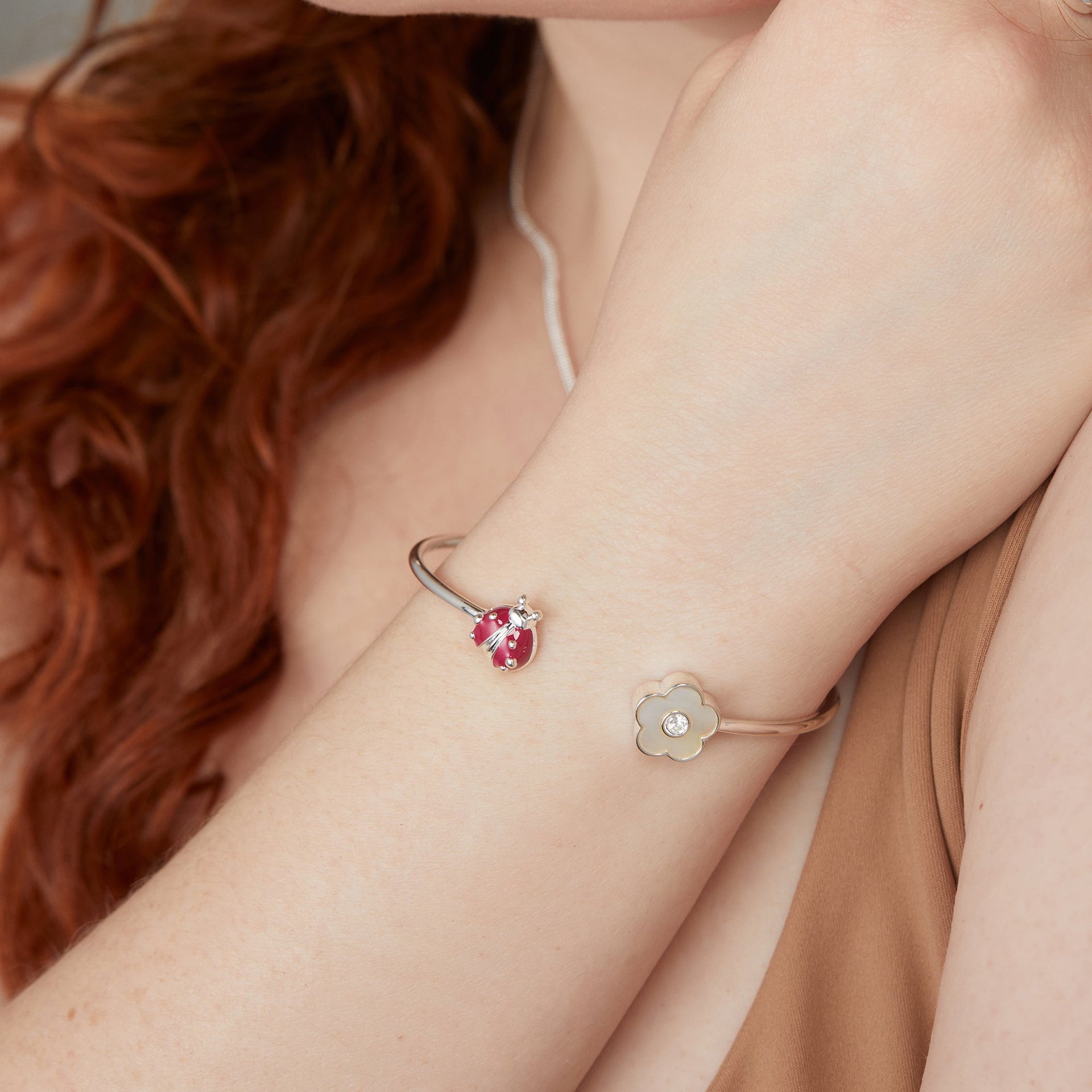 Ladybug and Daisy Flex Cuff with Mother of Pearl and Enamel