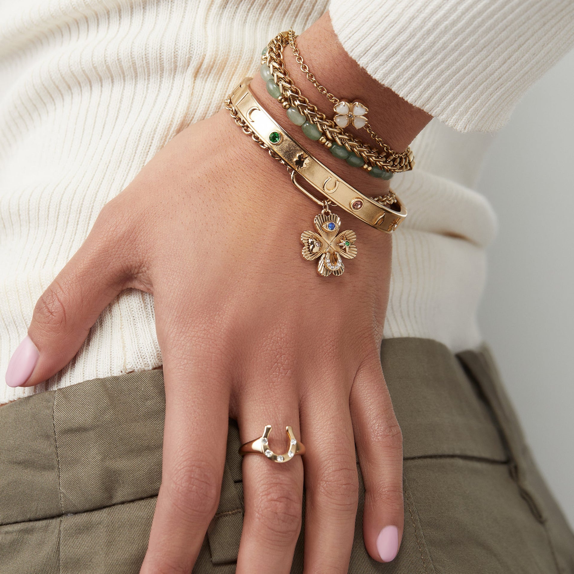 Lucky Four Leaf Clover Adjustable Bracelet with Evil Eye Charm