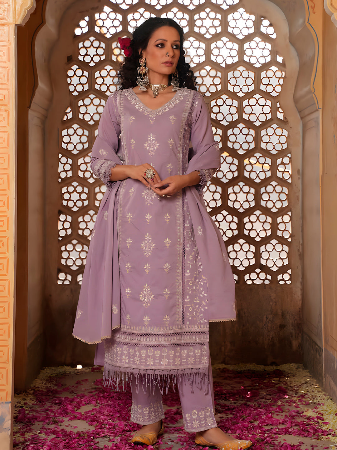 Multicolor embroidered kurta with lace detailing, pant, and dupatta