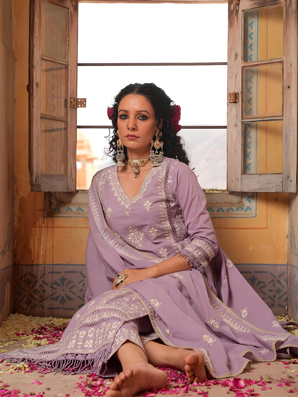 Multicolor Embroidered & Lace Detailed Kurta Set with Dupatta