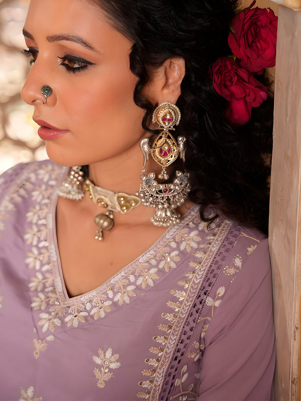 Multicolor Embroidered & Lace Detailed Kurta Set with Dupatta