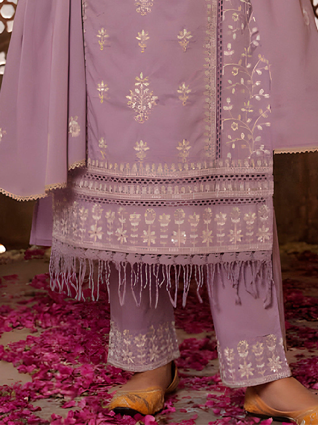 Multicolor Embroidered & Lace Detailed Kurta Set with Dupatta