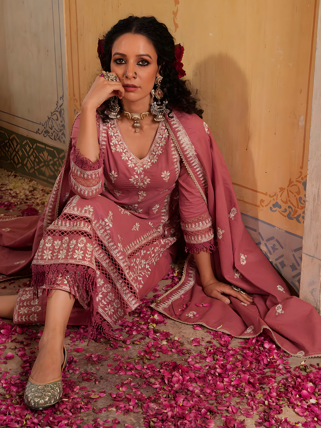 Multicolor Embroidered & Lace Detail Kurta Set with Dupatta