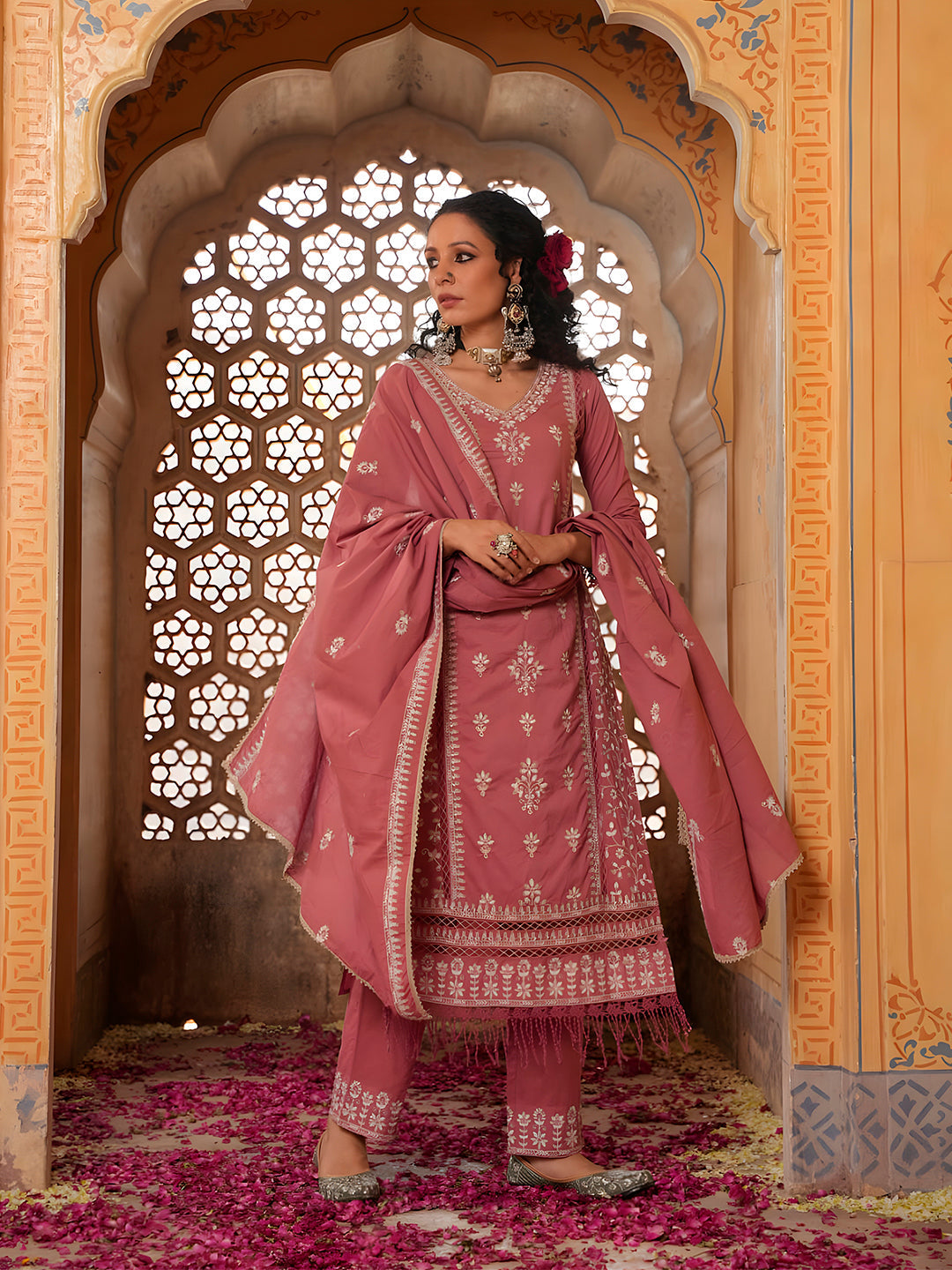 Multicolor Embroidered & Lace Detail Kurta Set with Dupatta