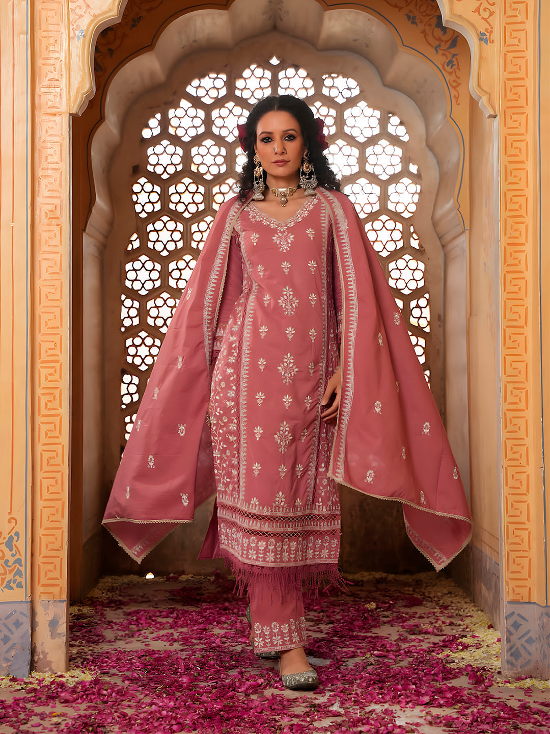 Multicolor embroidered kurta set with lace trim and matching dupatta