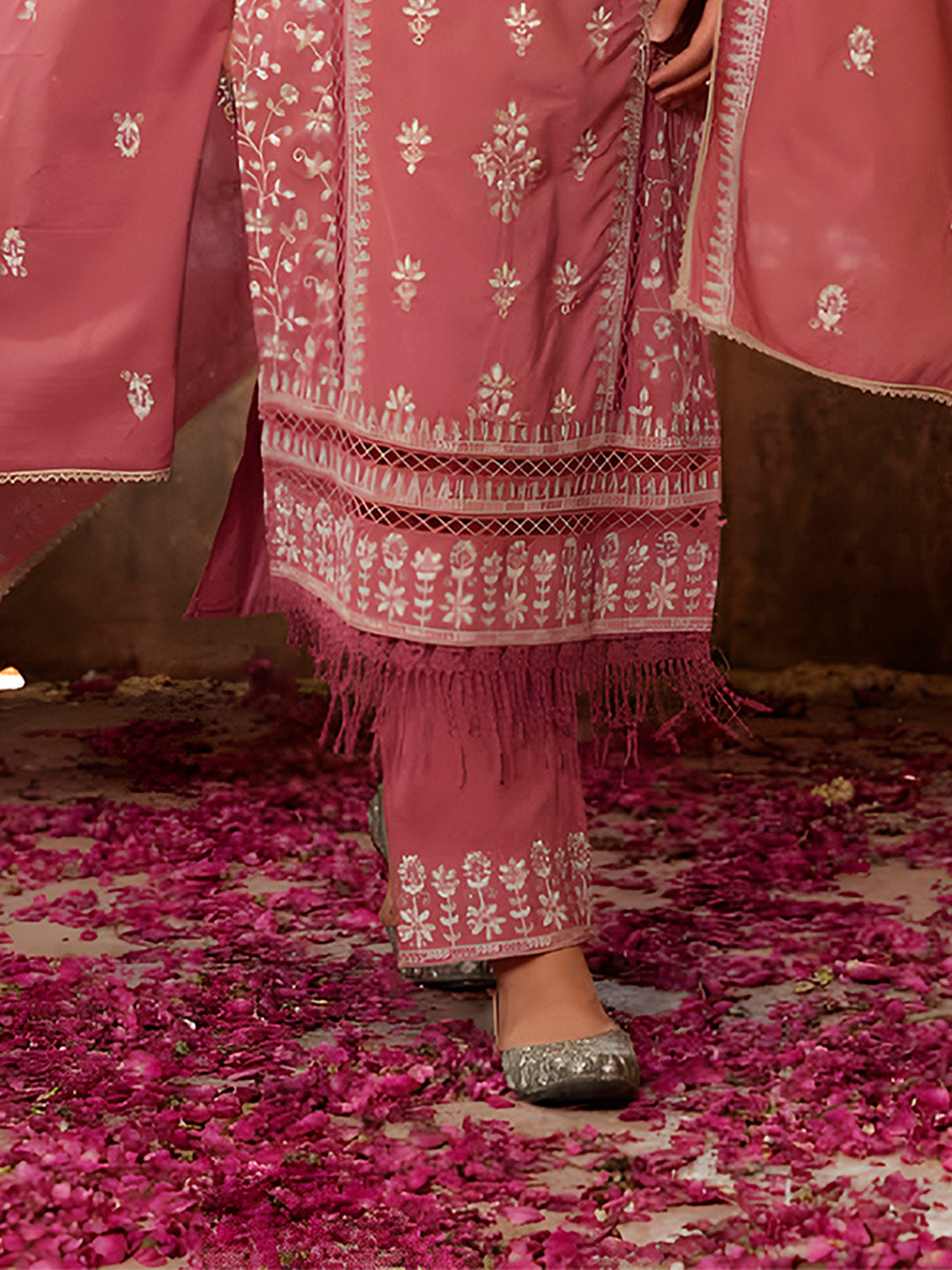 Multicolor Embroidered & Lace Detail Kurta Set with Dupatta