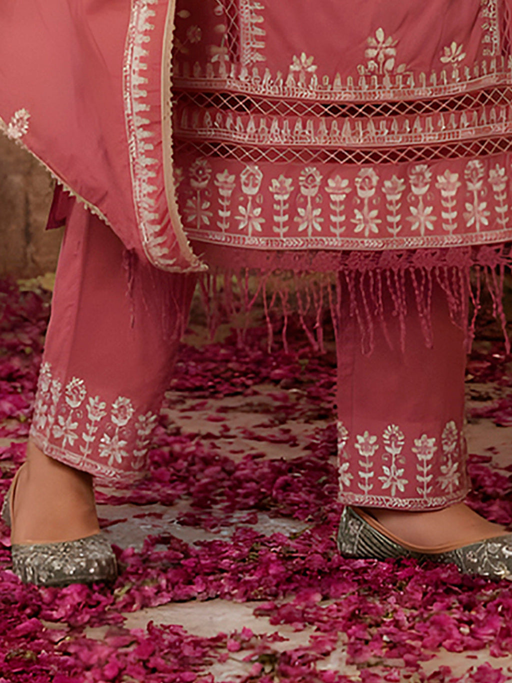 Multicolor Embroidered & Lace Detail Kurta Set with Dupatta