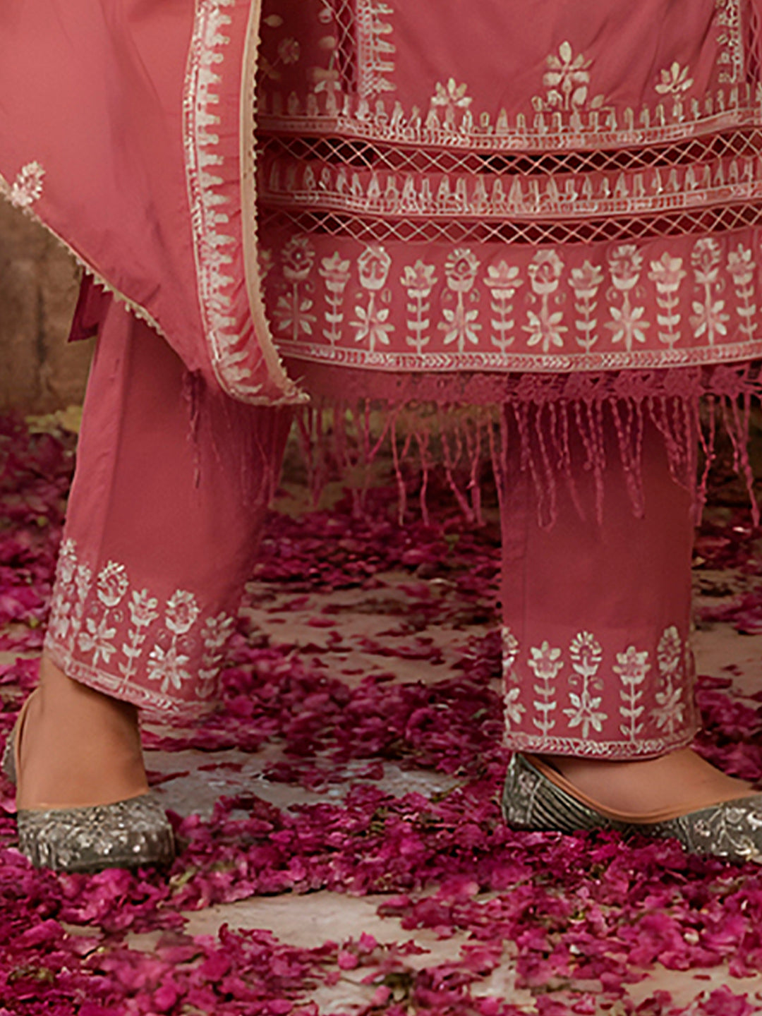 Multicolor Embroidered & Lace Detail Kurta Set with Dupatta