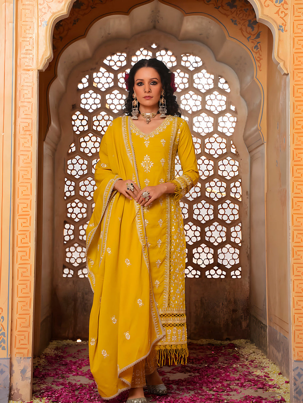 Multicolor Embroidered Rayon Kurta Set with Lace Details
