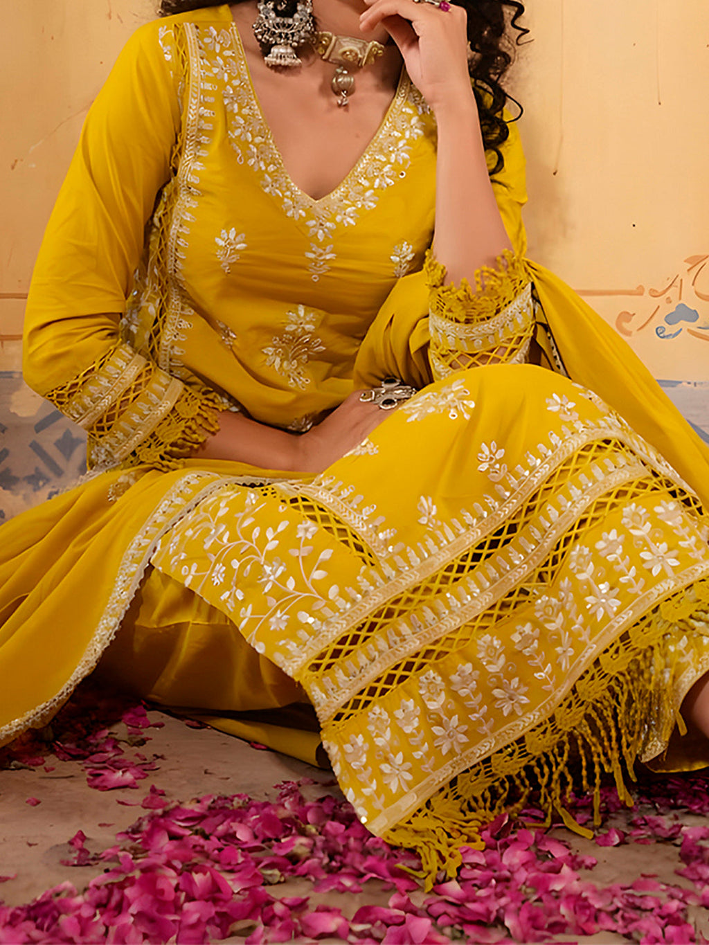 Multicolor Embroidered Rayon Kurta Set with Lace Details