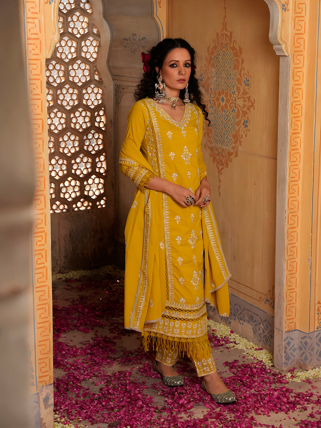 Multicolor Embroidered Rayon Kurta Set with Lace Details