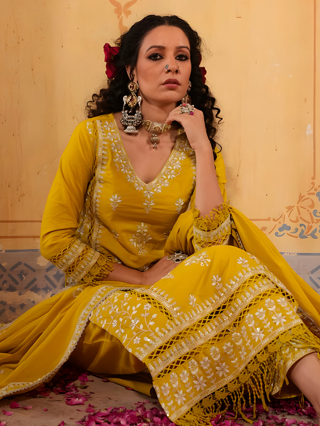 Multicolor Embroidered Rayon Kurta Set with Lace Details