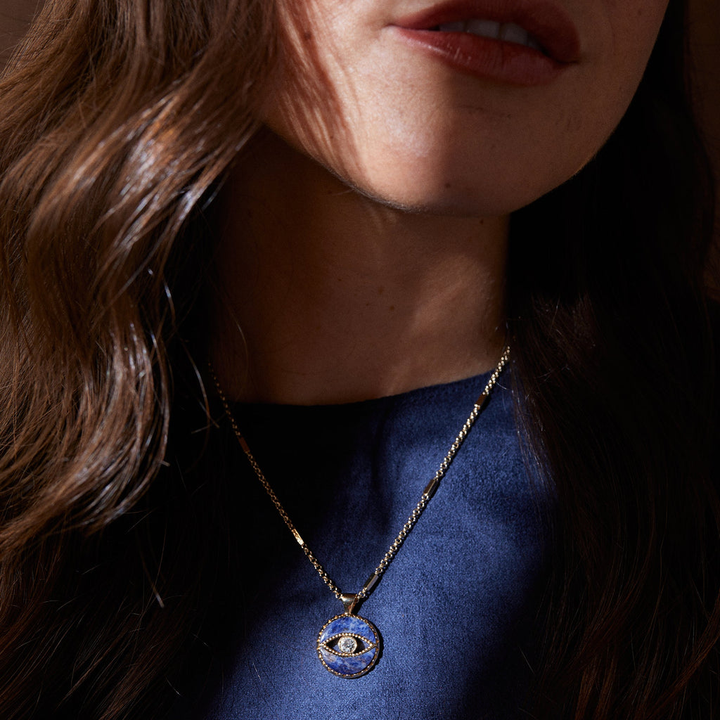 Sodalite Evil Eye Protection Necklace Gold Bar Chain