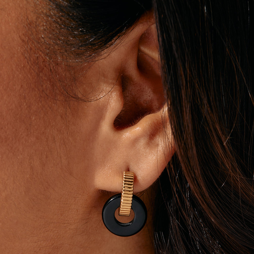Black Onyx Textured Ring Earrings in Gold or Silver Tone