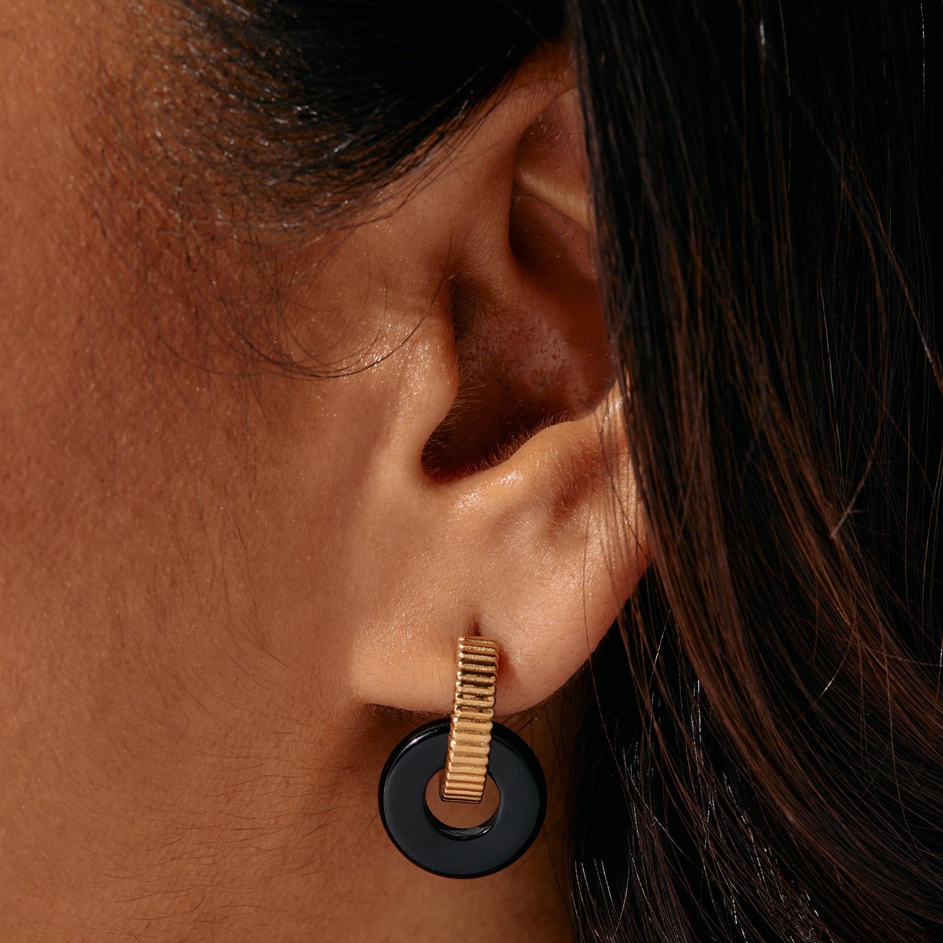 Black Onyx Textured Ring Earrings in Gold or Silver Tone