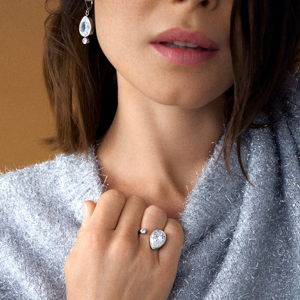 Teardrop Crystal Ring in Polished Silver Tone Minimalist Jewelry