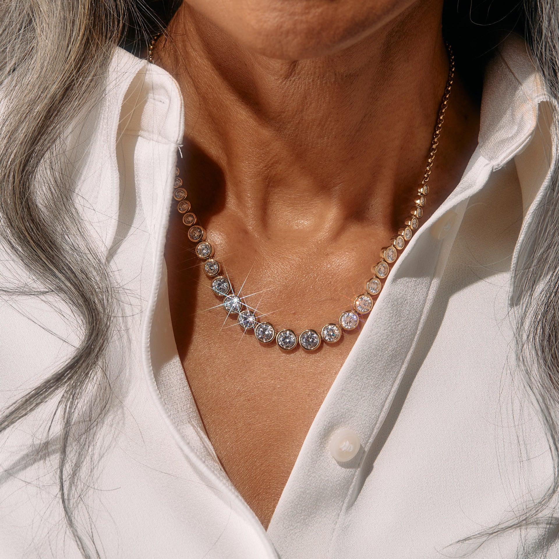 Crystal Tennis Necklace in Gold or Silver Finish for Formal Wear