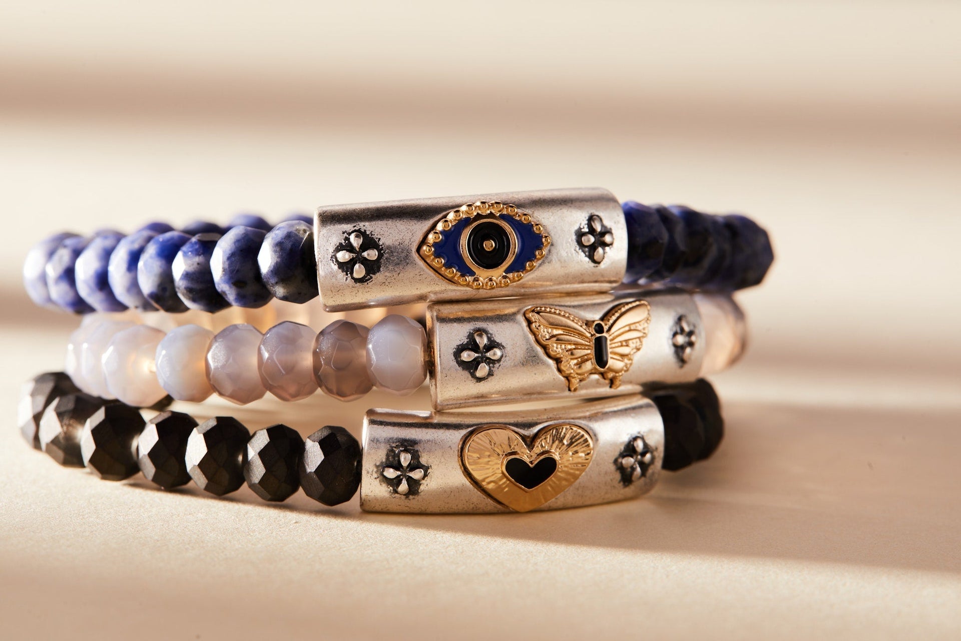 Antique Two-Tone Evil Eye Stretch Bracelet with Sodalite Beads