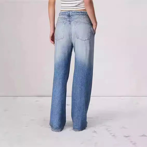 Retro Mid Rise Wide Leg Loose Denim Jeans - Faded Blue Wash - Image 2