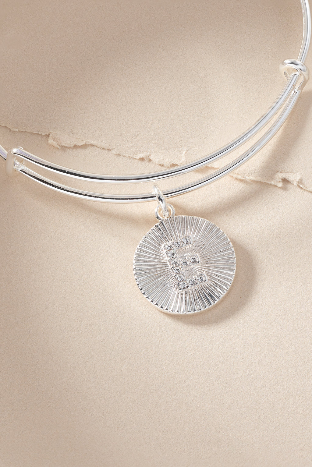 Initial E Pave Starburst Texture Bangle Bracelet in Gold or Silver