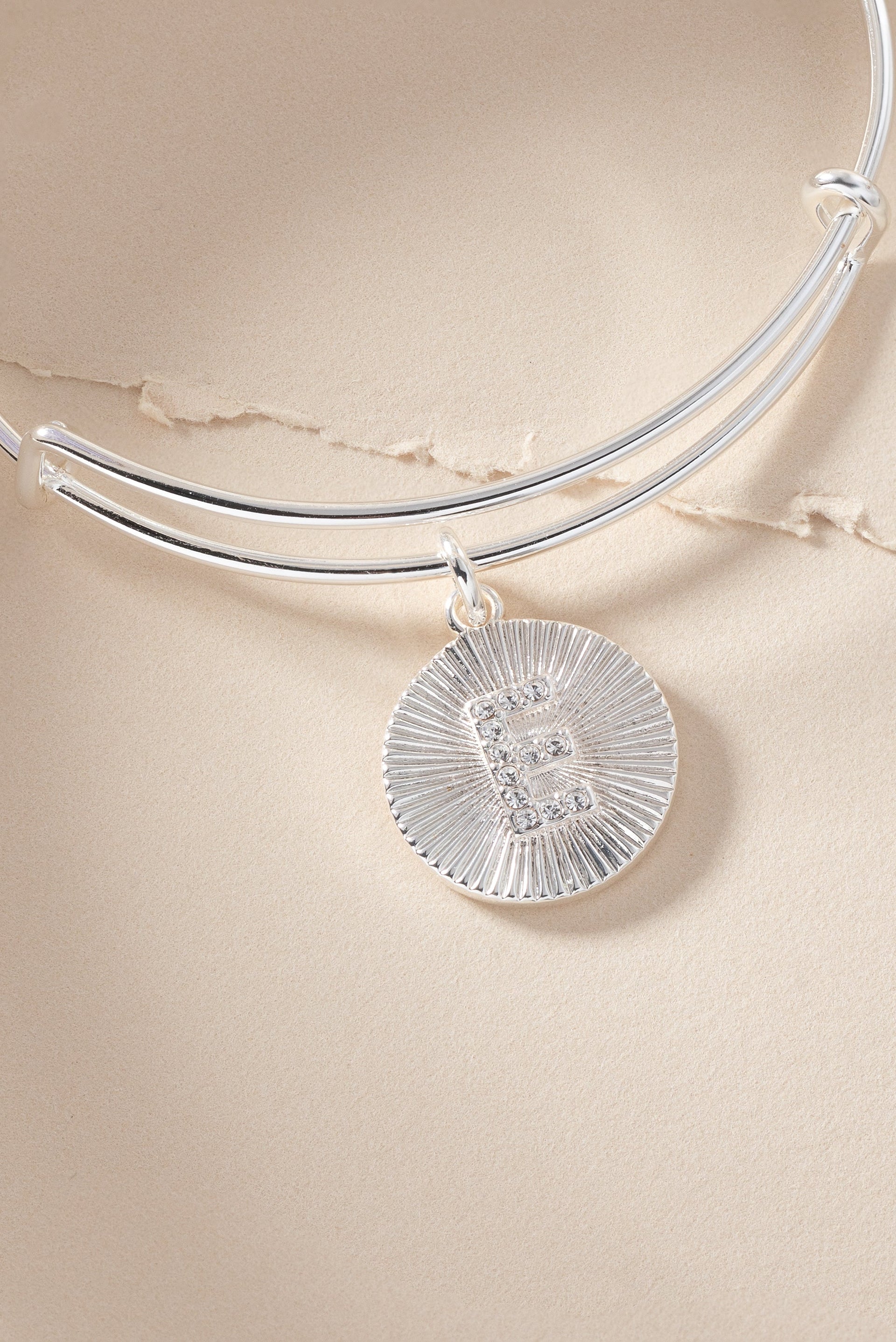 Initial E Pave Starburst Texture Bangle Bracelet in Gold or Silver