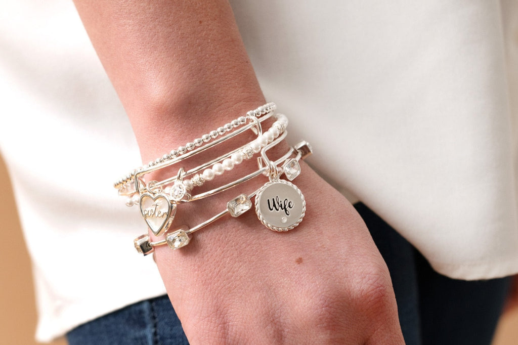 Sister Mother of Pearl Heart Bangle Bracelet in Silver
