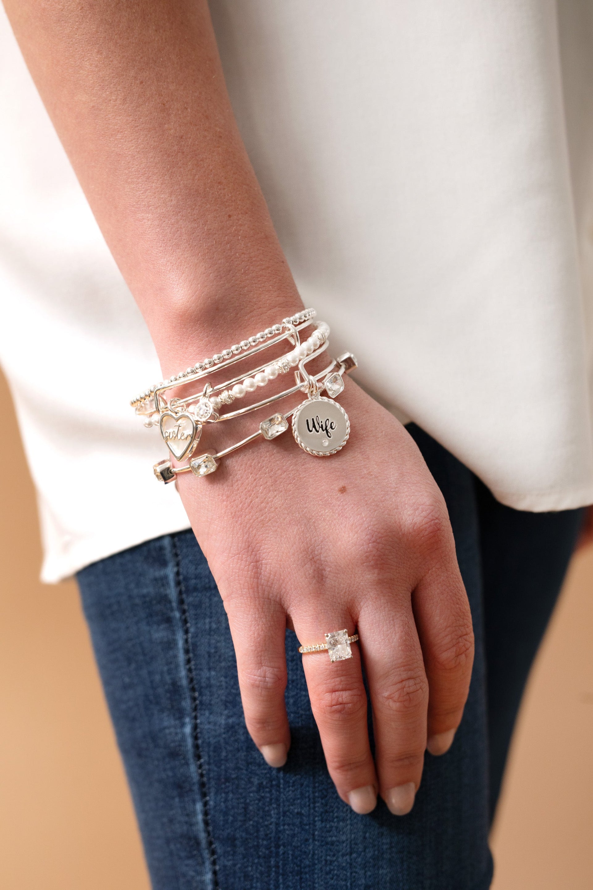Wife Charm Bangle Bracelet in Gold and Silver Expandable Style