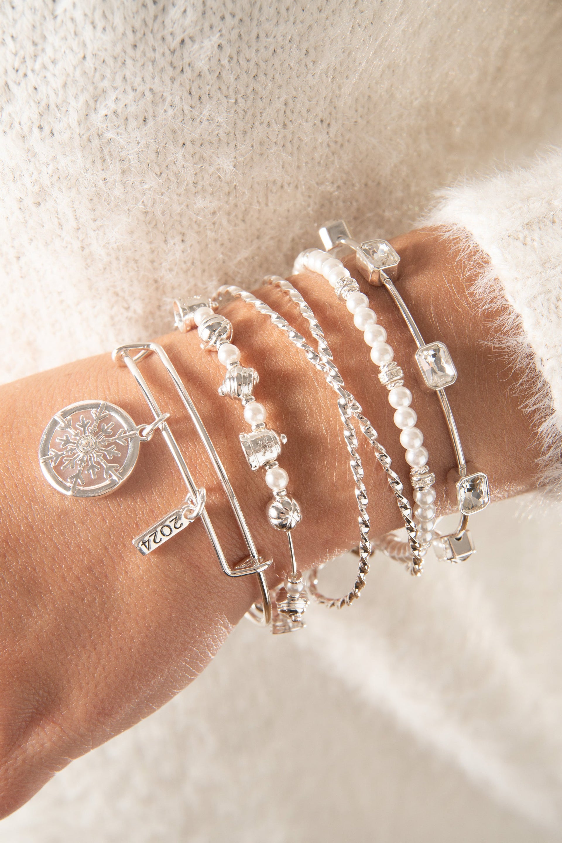 Festive Holiday Bells and Pearl Crystal Bead Expandable Bangle