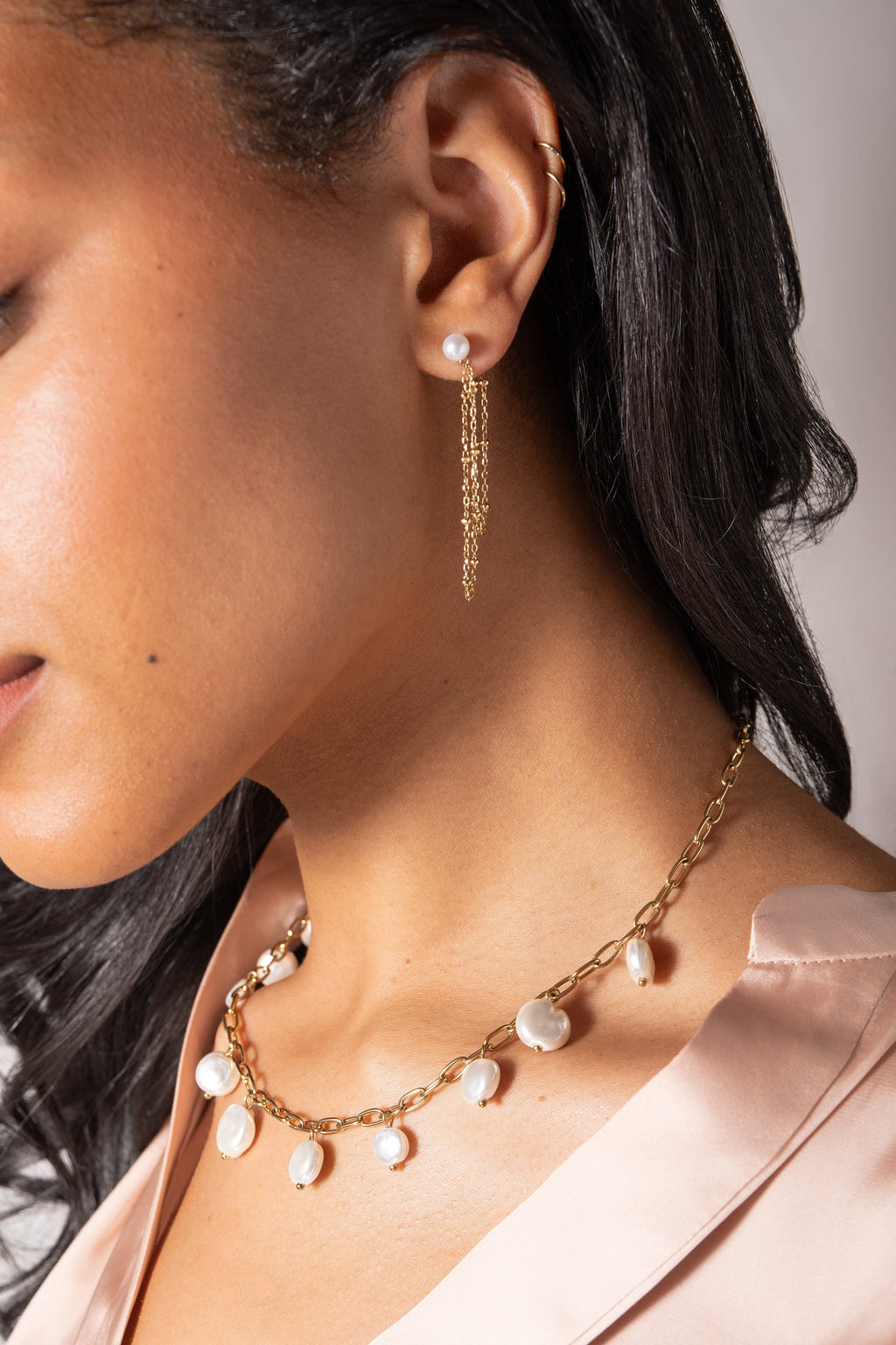 Freshwater Pearl Front-and-Back Earrings in Polished Gold