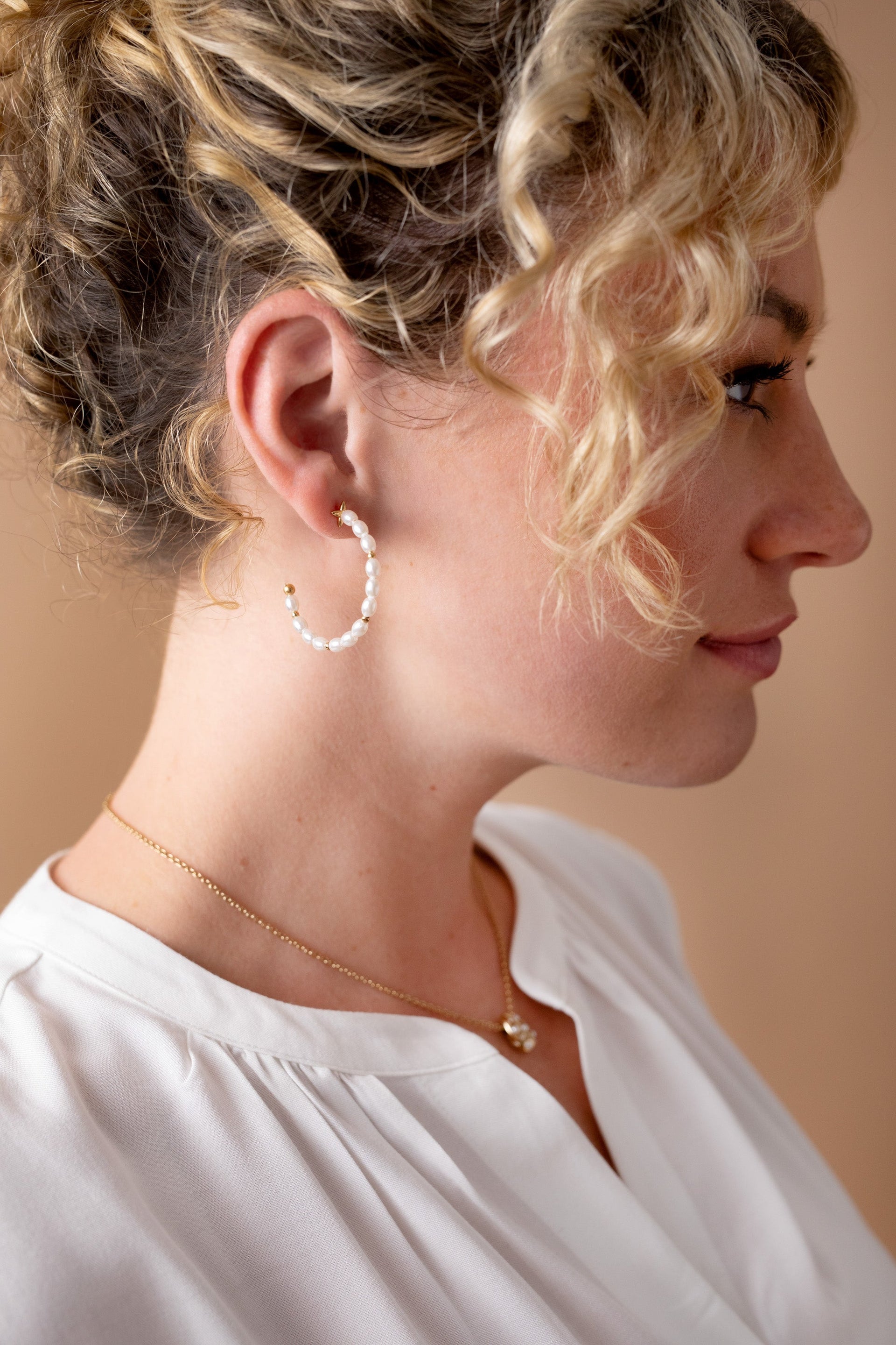 Rice Pearl Hoop Earrings in Gold and White