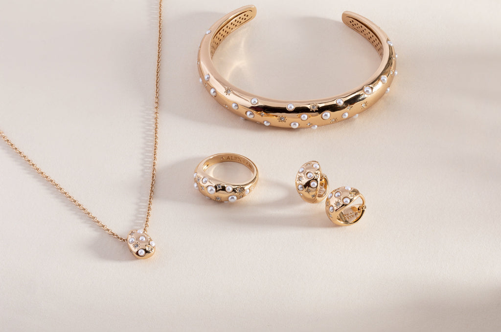Pearl and Crystal Huggie Hoop Earrings in Gold with Starburst